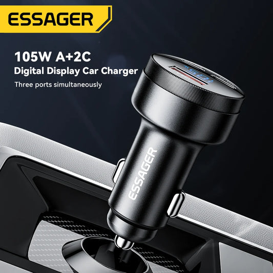 Essager 105W Display Digital Carregador de Carro Rápido Para iPhone 15 14 pro MacBook USB A C Carregador Rápido Para Huawei Xiaomi Samsung OPPO