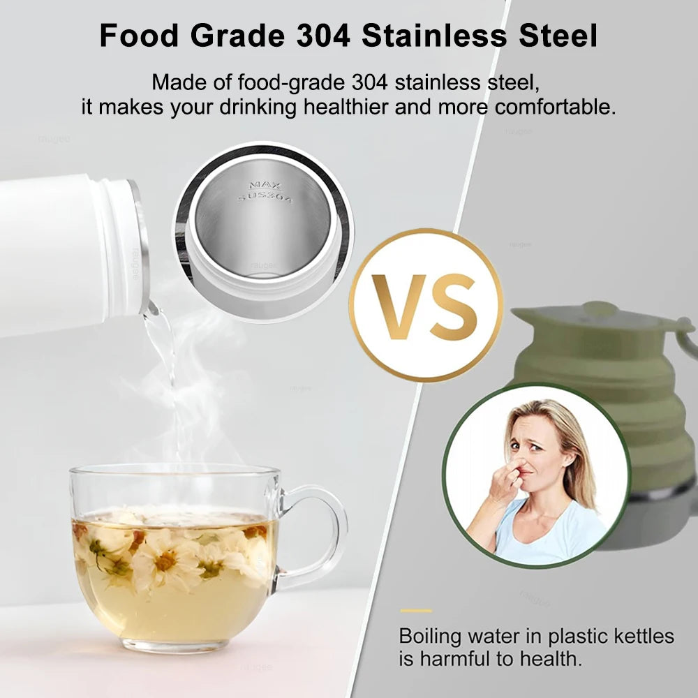 Chaleira elétrica portátil para viagem, chaleira térmica de ebulição rápida para chá e café 304 aço inoxidável mini aquecedor de leite para bebê