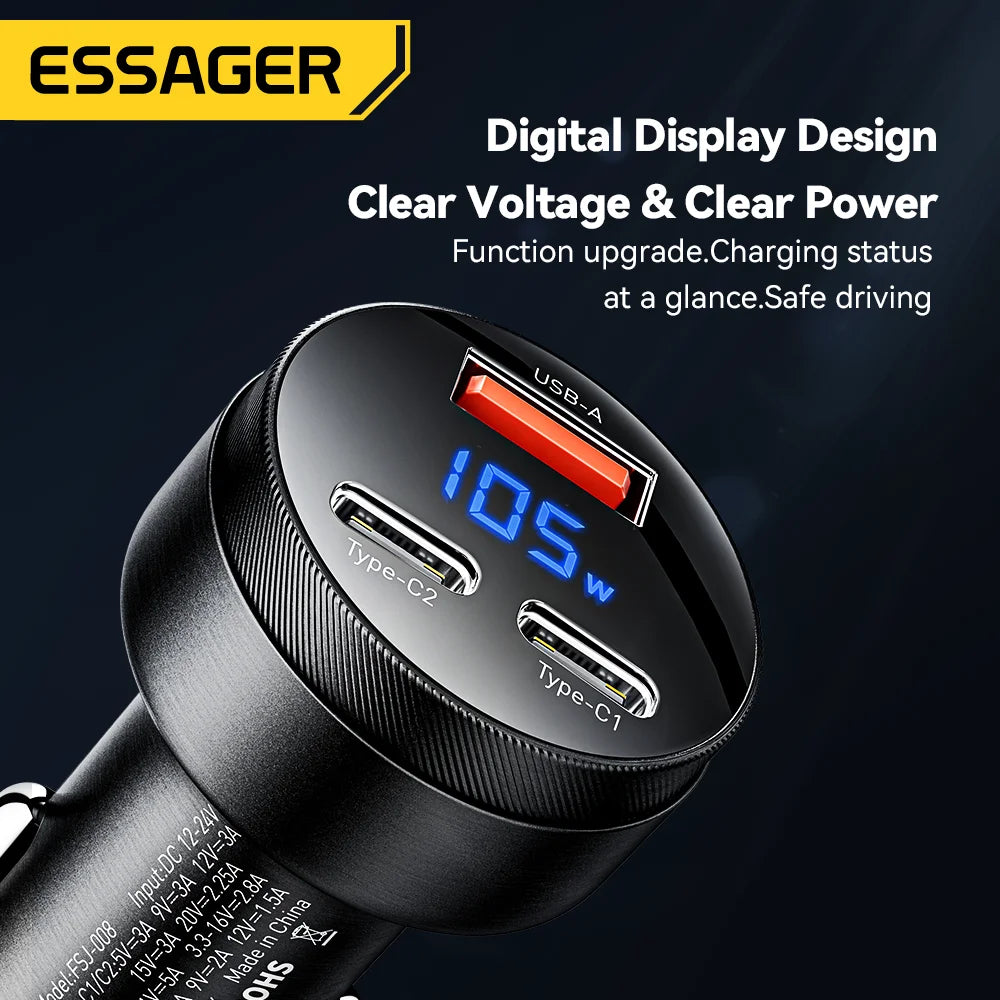 Essager 105W Display Digital Carregador de Carro Rápido Para iPhone 15 14 pro MacBook USB A C Carregador Rápido Para Huawei Xiaomi Samsung OPPO