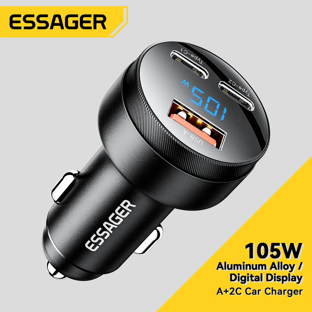 Essager 105W Display Digital Carregador de Carro Rápido Para iPhone 15 14 pro MacBook USB A C Carregador Rápido Para Huawei Xiaomi Samsung OPPO