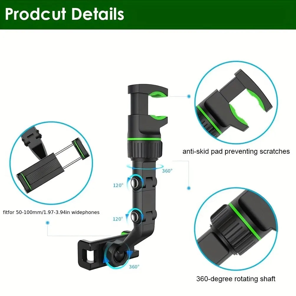 Rotativo e retrátil espelho retrovisor telefone titular, montagem do telefone do carro, multifuncional espelho retrovisor titular para todos os carros, 360 °